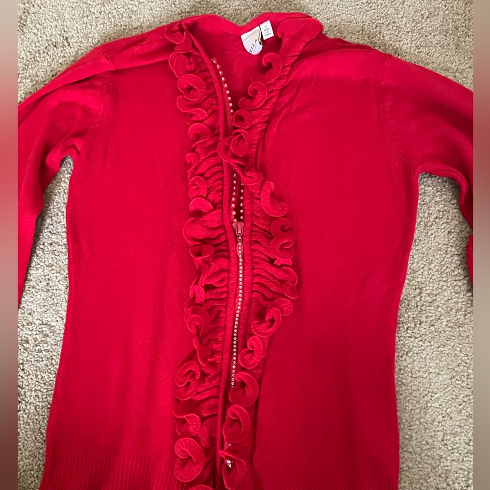 Red sweater, ruffled, beautiful, cute!